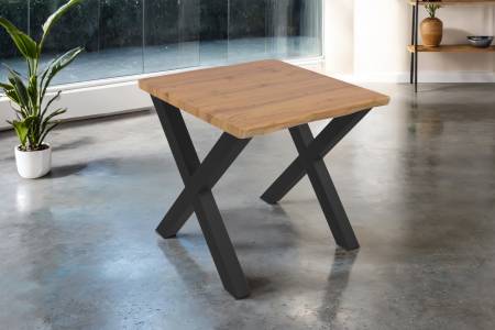 Esstisch 80x80 cm Baumkante Holz Wildeiche-Optik X-Gestell Metall schwarz JOSY