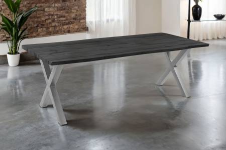 Esstisch 220x100 cm Baumkante Holz Grau-Optik X-Gestell Metall silber JOSY