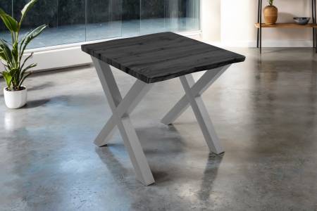 Esstisch 80x80 cm Baumkante Holz Grau-Optik X-Gestell Metall silber JOSY