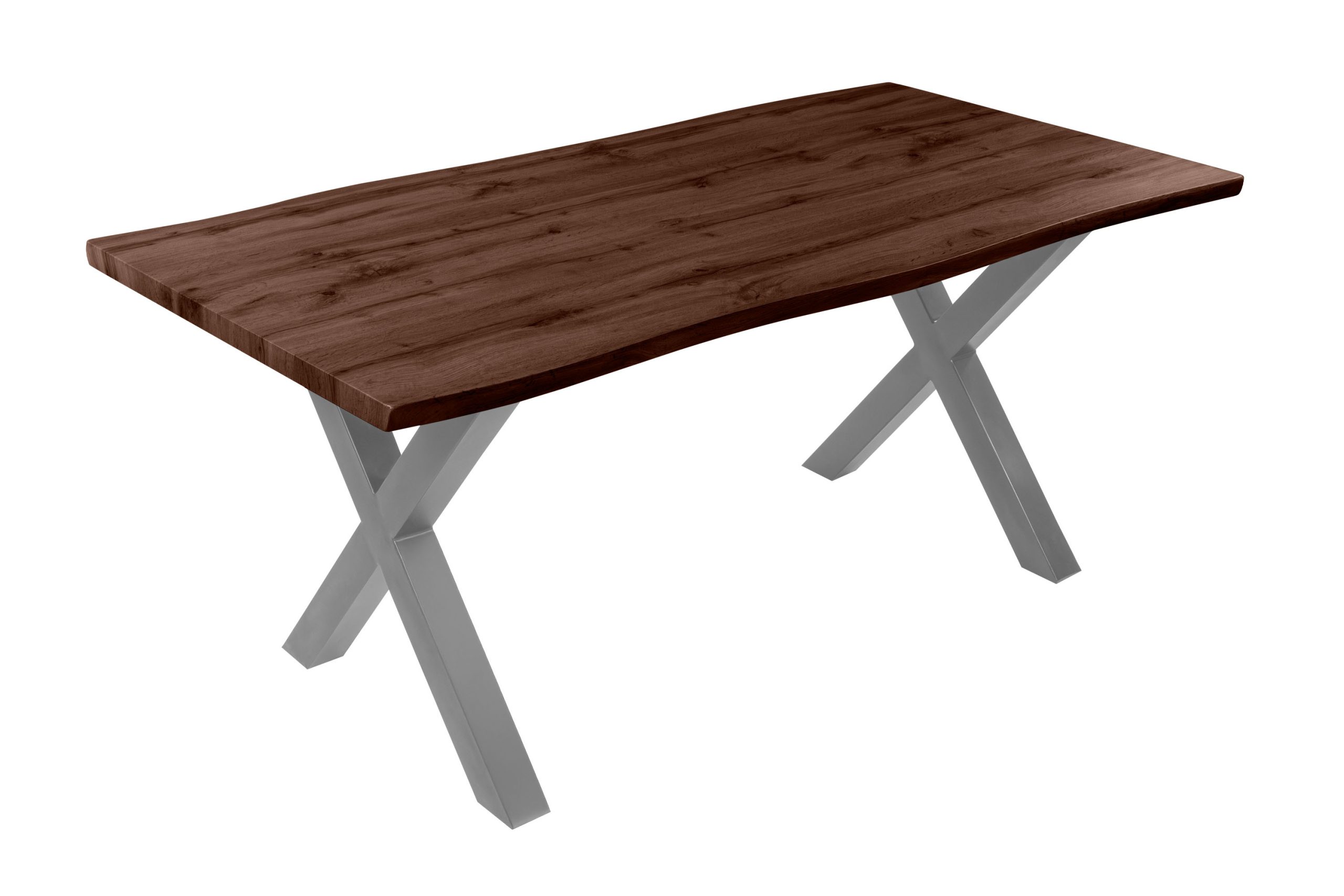 Esstisch 180x90 cm Baumkante Holz Nussbaum-Optik X-Gestell Metall silber JOSY – Bild 2