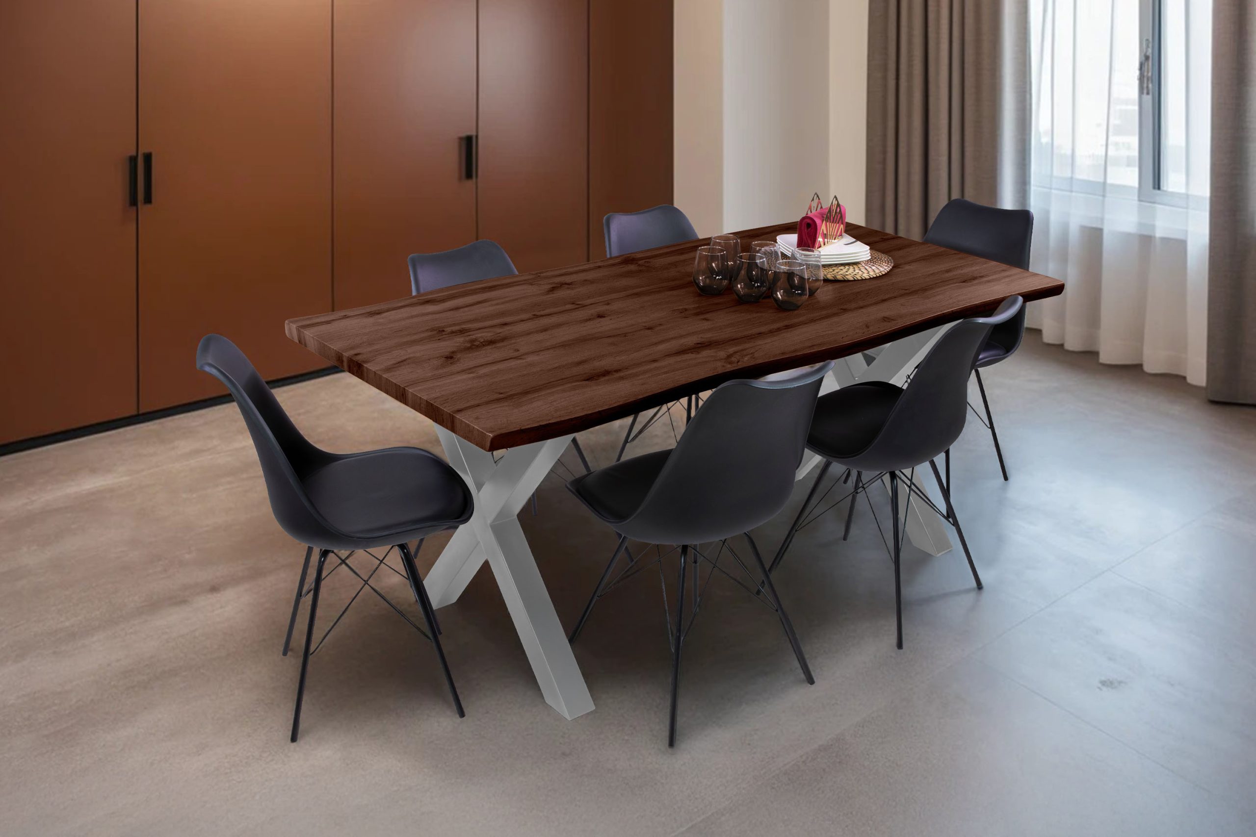 Esstisch 180x90 cm Baumkante Holz Nussbaum-Optik X-Gestell Metall silber JOSY – Bild 4