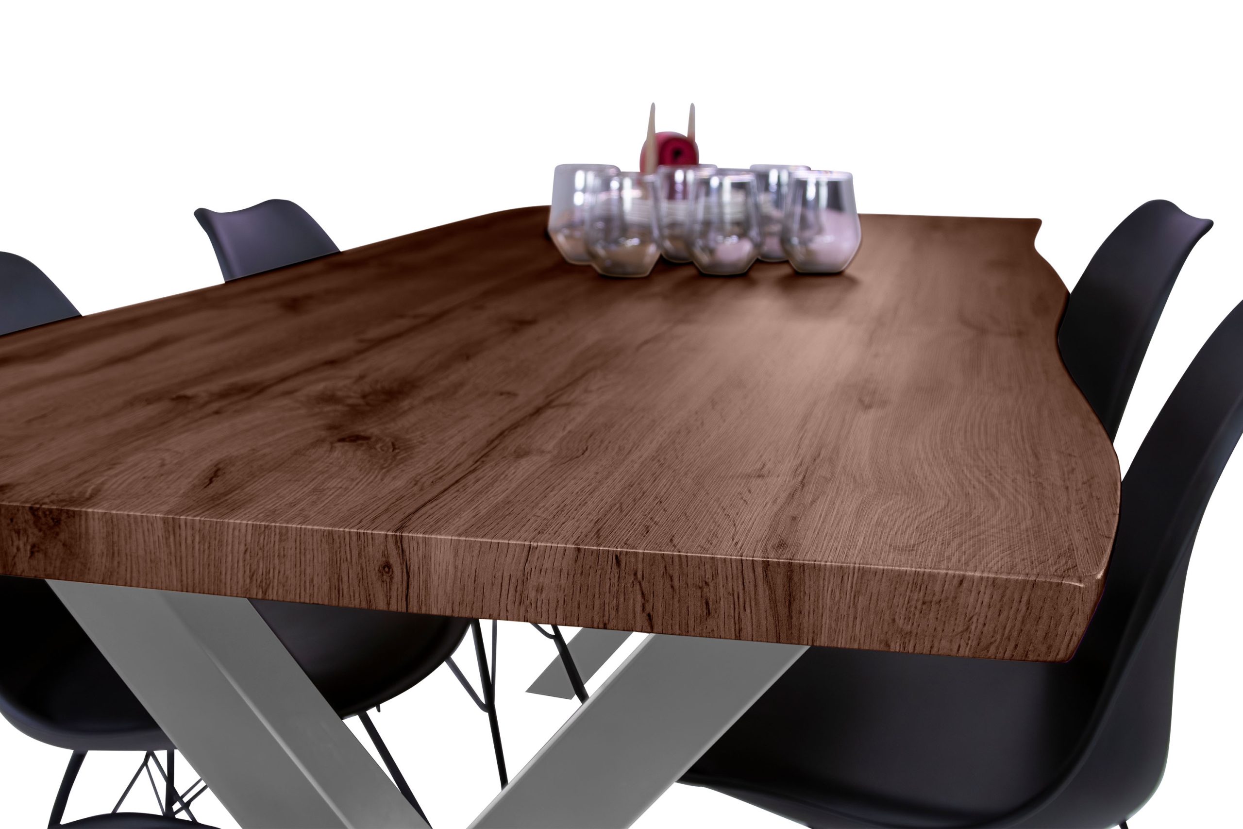 Esstisch 180x90 cm Baumkante Holz Nussbaum-Optik X-Gestell Metall silber JOSY – Bild 6