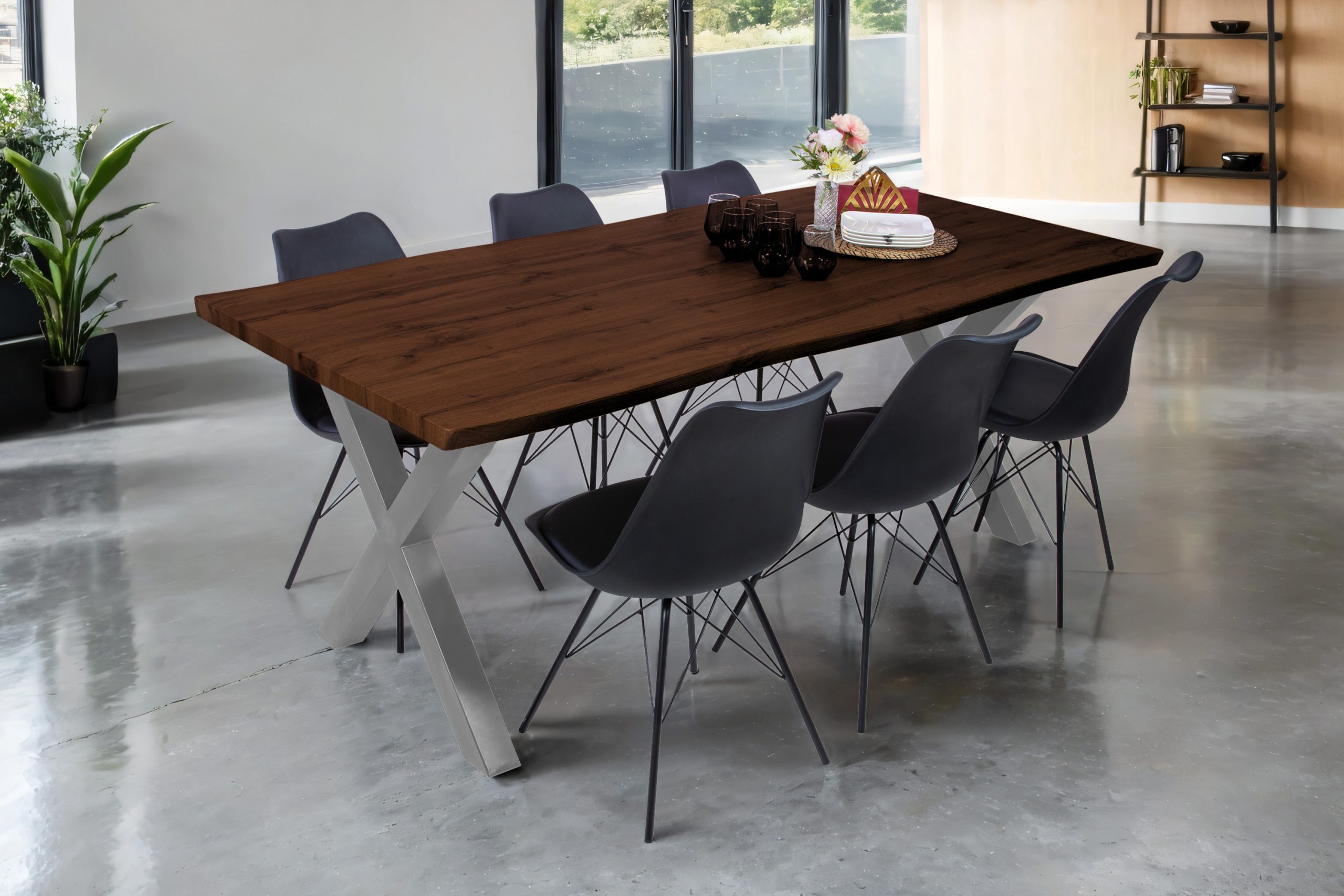 Esstisch 200x100 cm Baumkante Holz Nussbaum-Optik X-Gestell Metall silber JOSY – Bild 4