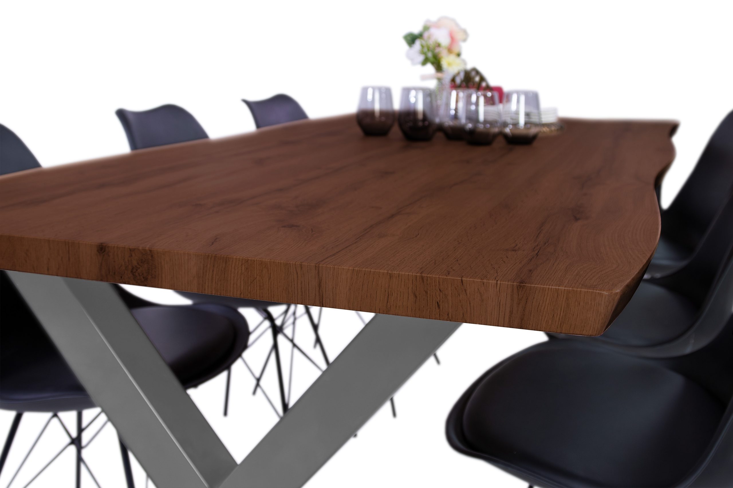 Esstisch 200x100 cm Baumkante Holz Nussbaum-Optik X-Gestell Metall silber JOSY – Bild 6