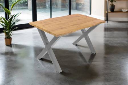 Esstisch 120x80 cm Baumkante Holz Wildeiche-Optik X-Gestell Metall silber JOSY