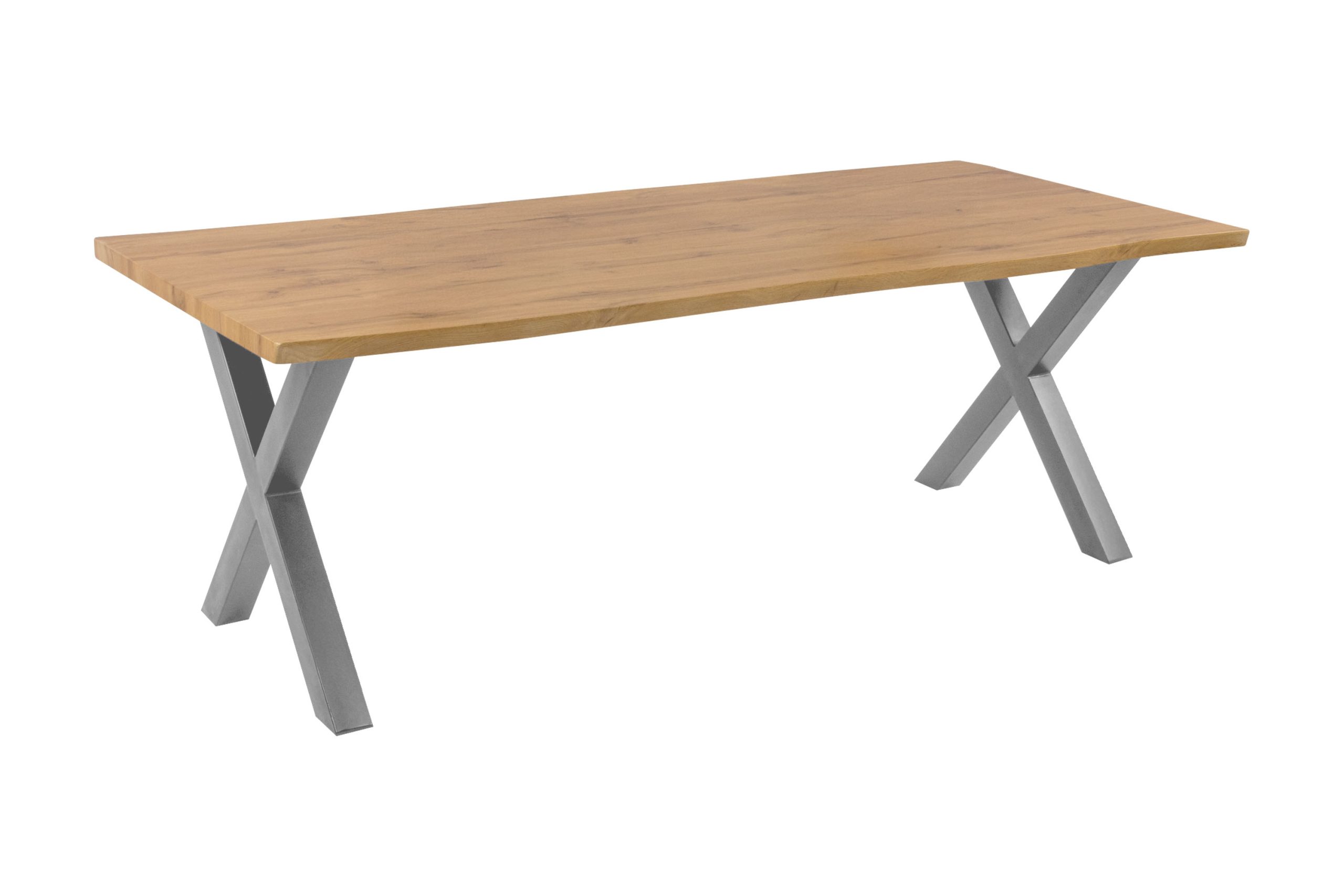 Esstisch 220x100 cm Baumkante Holz Wildeiche-Optik X-Gestell Metall silber JOSY – Bild 2