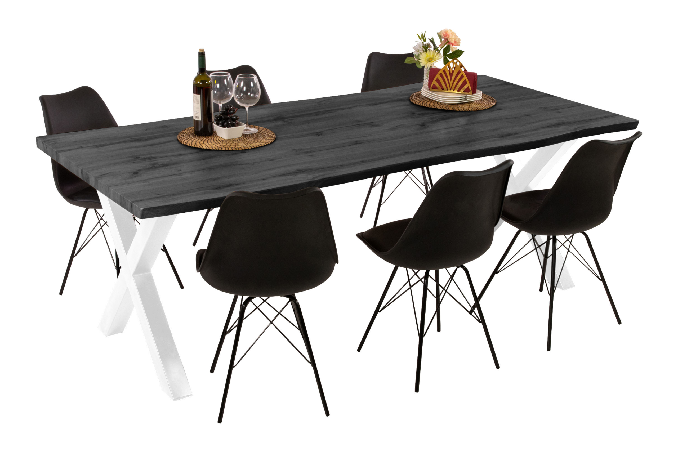 Esstisch 240x100 cm Baumkante Holz Grau-Optik X-Gestell Metall weiß JOSY – Bild 7