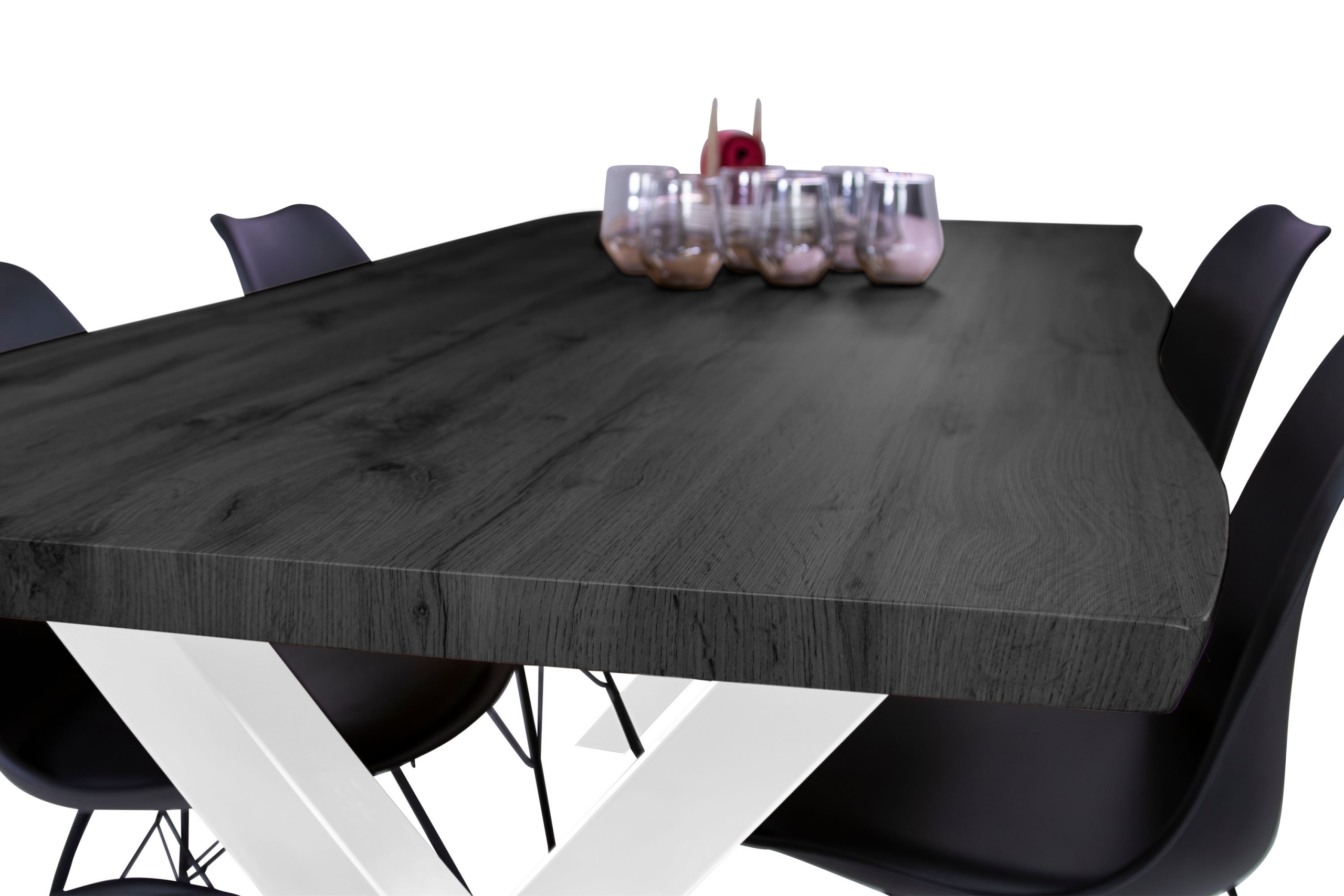 Esstisch 240x100 cm Baumkante Holz Grau-Optik X-Gestell Metall weiß JOSY – Bild 5