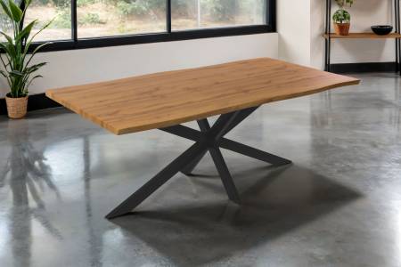 Esstisch 200x100 cm Baumkante Holz Wildeiche-Optik Spider-Gestell Metall schwarz JOSY