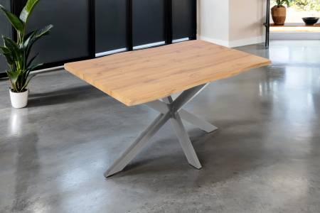 Esstisch 120x80 cm Baumkante Holz Wildeiche-Optik Spider-Gestell Metall silber JOSY