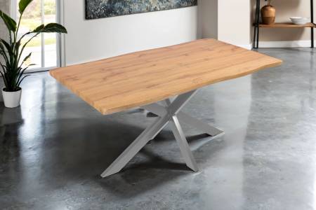 Esstisch 160x85 cm Baumkante Holz Wildeiche-Optik Spider-Gestell Metall silber JOSY