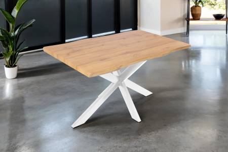 Esstisch 120x80 cm Baumkante Holz Wildeiche-Optik Spider-Gestell Metall weiß JOSY