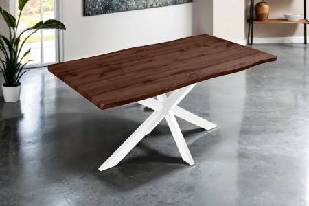 Esstisch 160x85 cm Baumkante Holz Nussbaum-Optik Spider-Gestell Metall weiß JOSY
