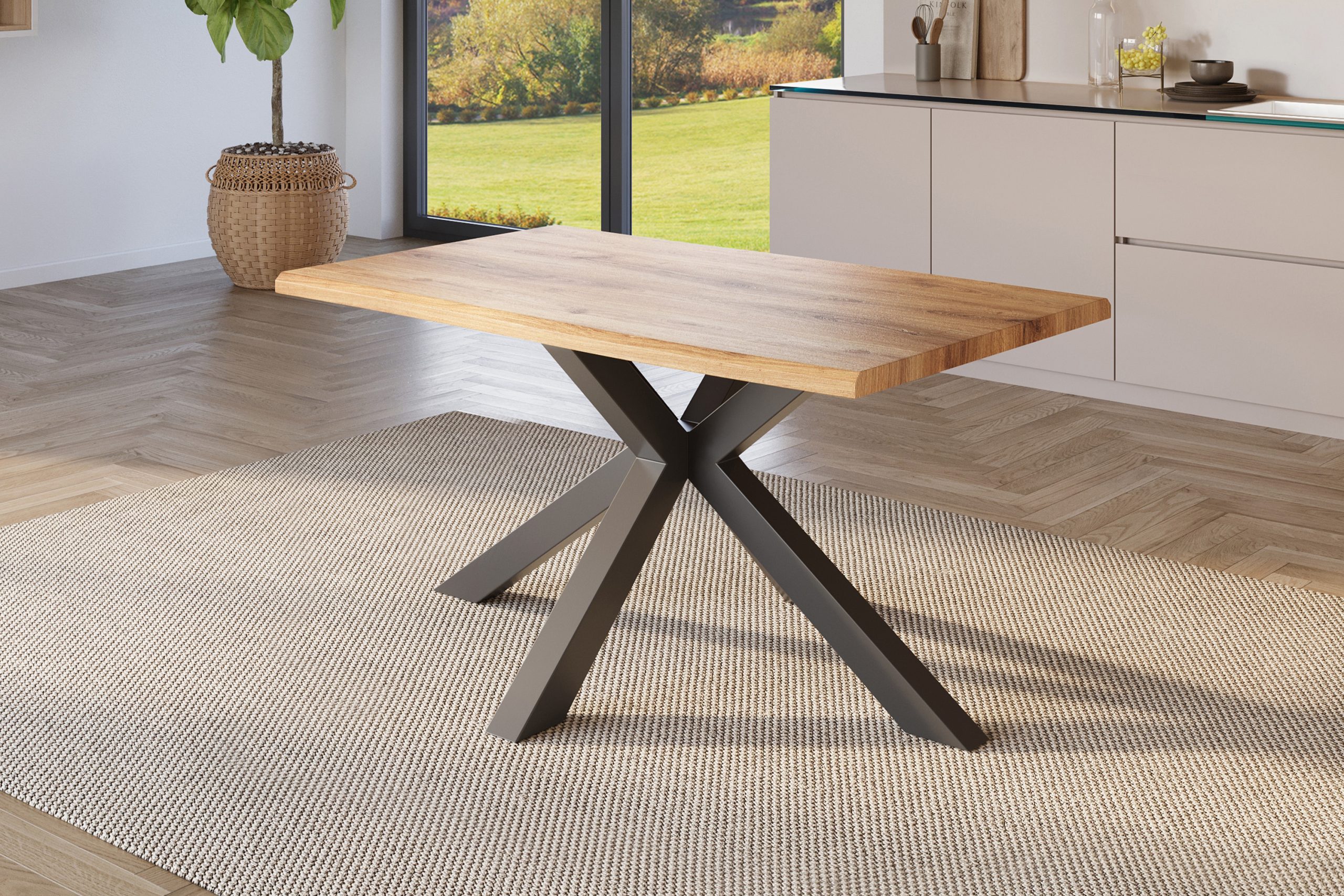 Esstisch 140x80 cm Baumkante Holz Wildeiche-Optik Spider-Gestell Metall schwarz JULIUS