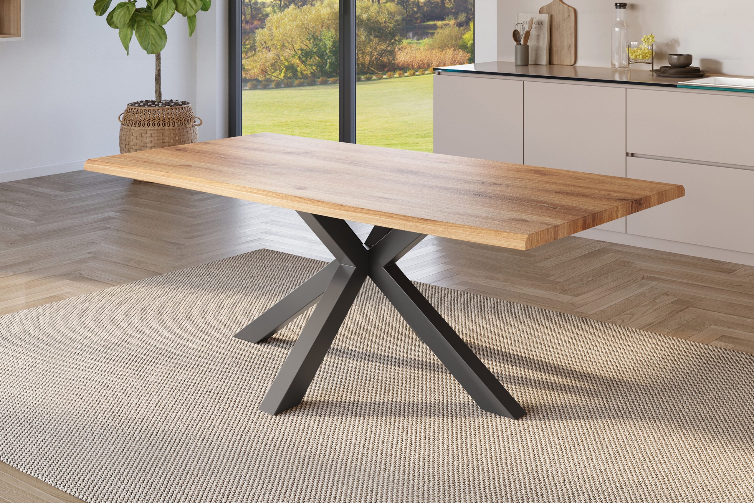 Esstisch 180x90 cm Baumkante Holz Wildeiche-Optik Spider-Gestell Metall schwarz JULIUS