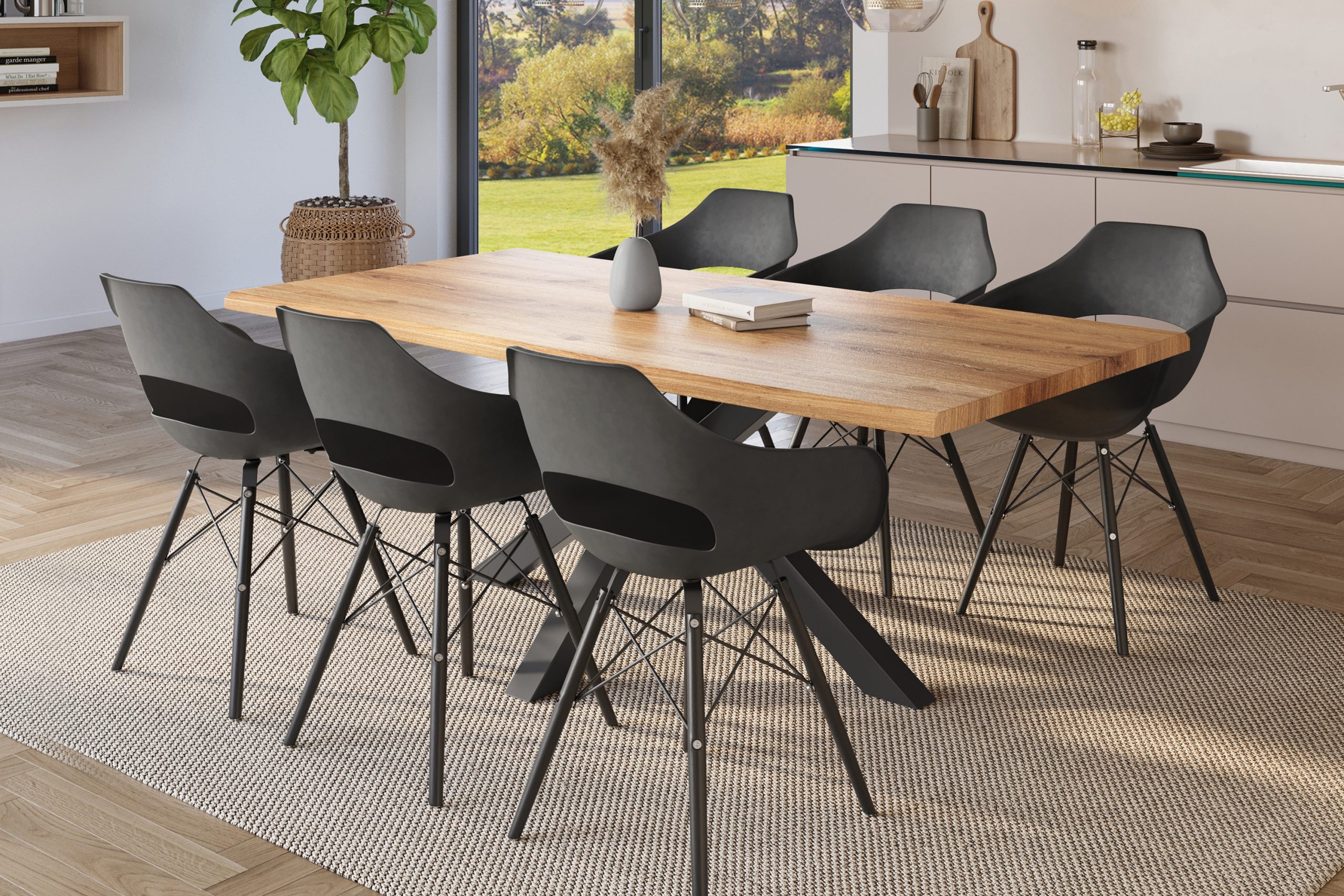 Esstisch 240x100 cm Baumkante Holz Wildeiche-Optik Spider-Gestell Metall schwarz JULIUS – Bild 5