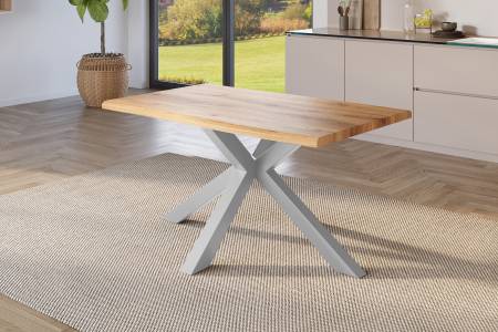 Esstisch 160x85 cm Baumkante Holz Wildeiche-Optik Spider-Gestell Metall silber JULIUS