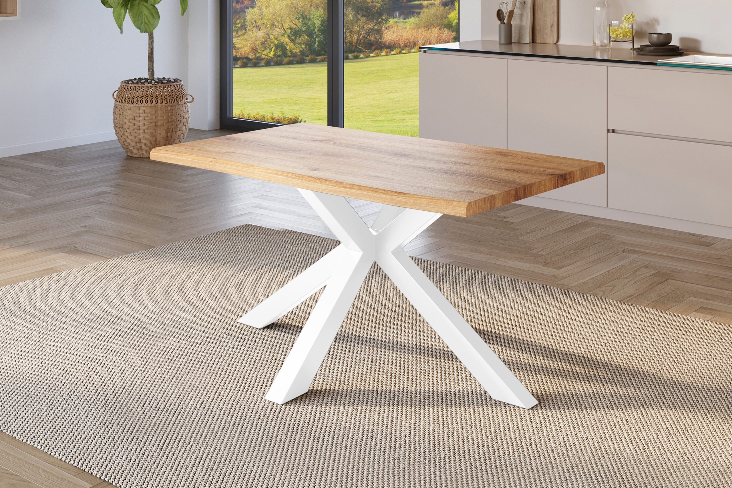 Esstisch 160x85 cm Baumkante Holz Wildeiche-Optik Spider-Gestell Metall weiß JULIUS