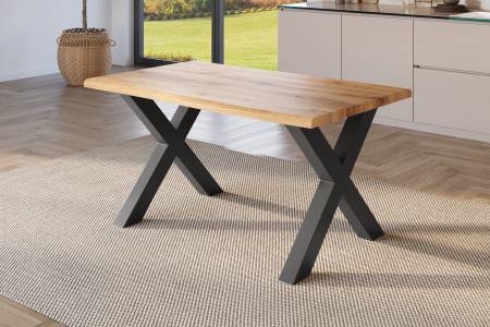 Esstisch 120x80 cm Baumkante Holz Wildeiche-Optik X-Gestell Metall schwarz JULIUS