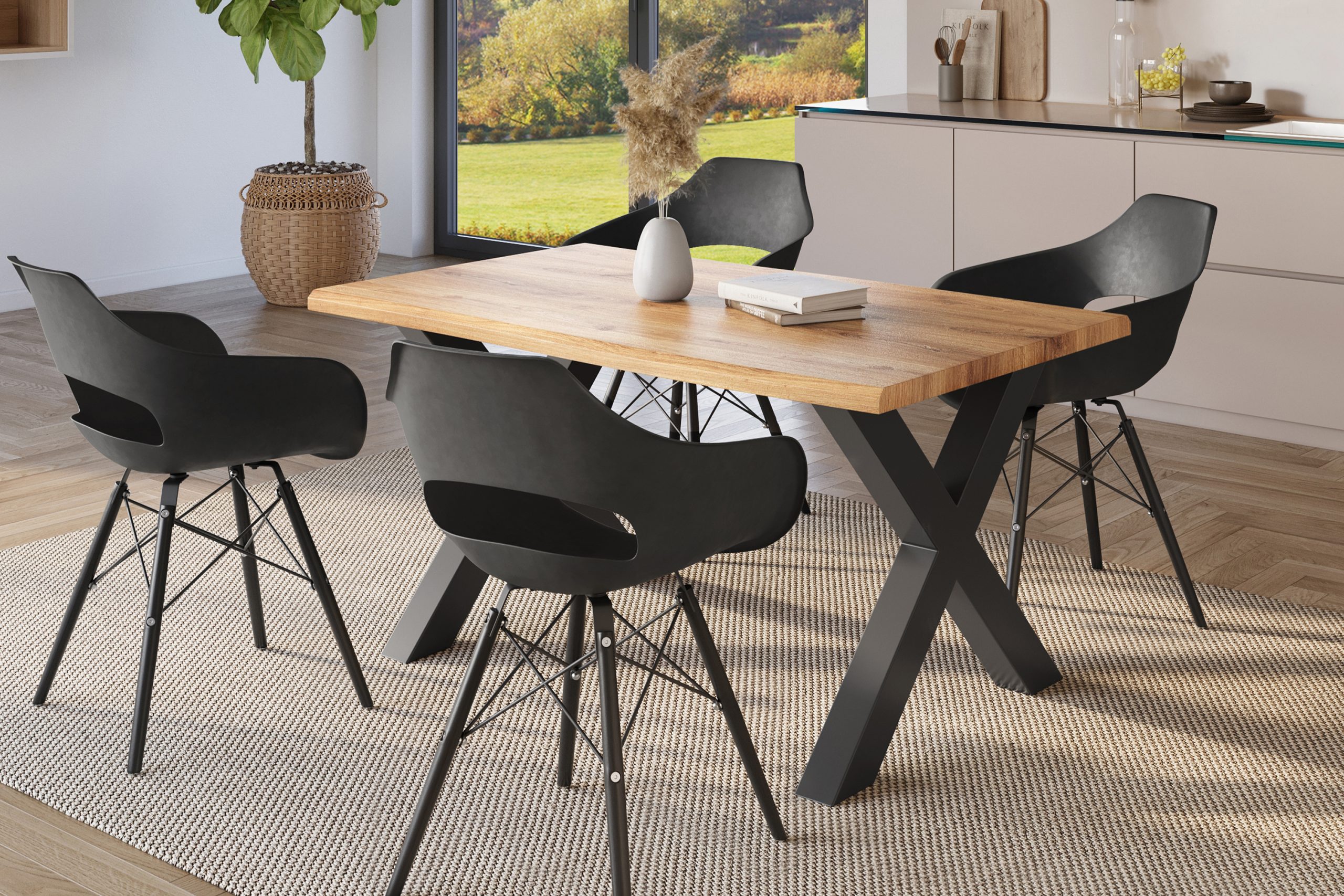 Esstisch 140x80 cm Baumkante Holz Wildeiche-Optik X-Gestell Metall schwarz JULIUS – Bild 4