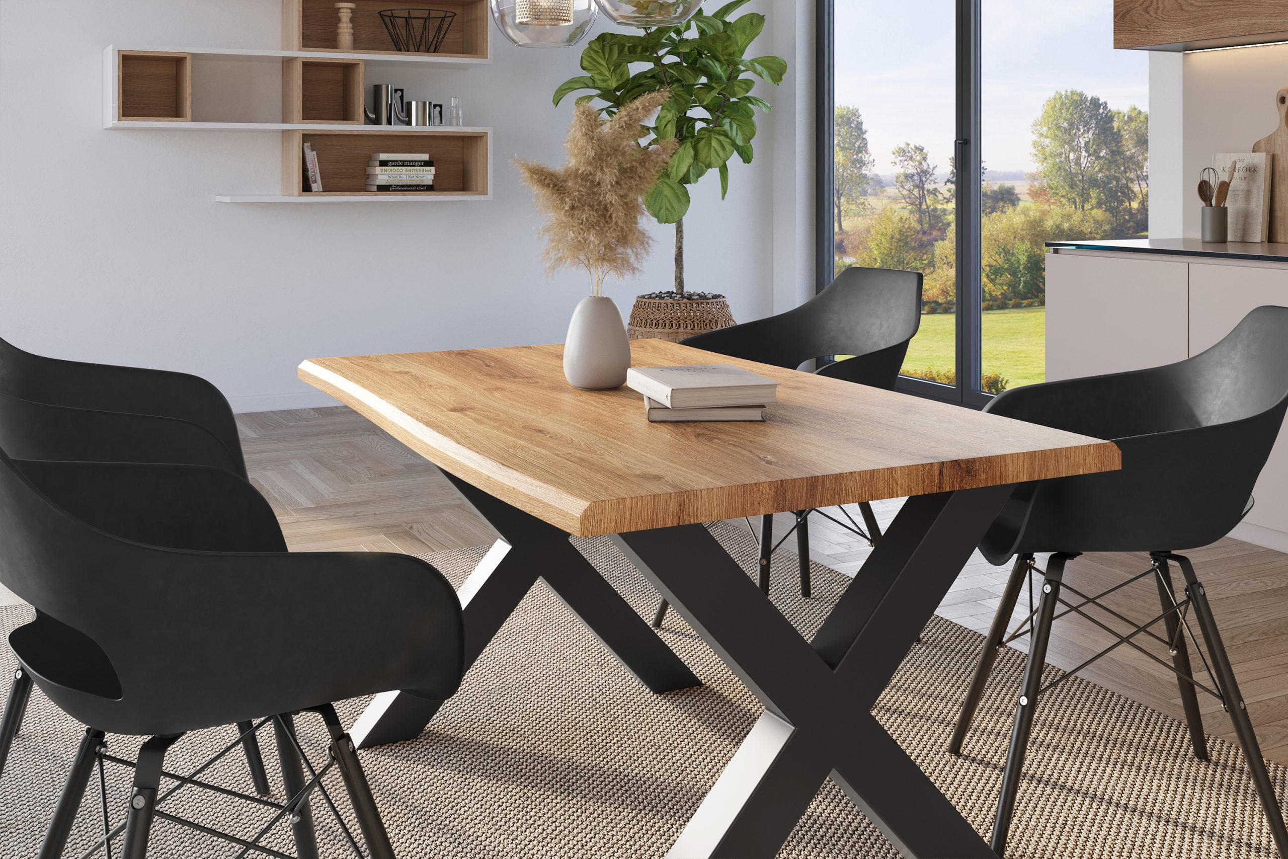 Esstisch 140x80 cm Baumkante Holz Wildeiche-Optik X-Gestell Metall schwarz JULIUS – Bild 5