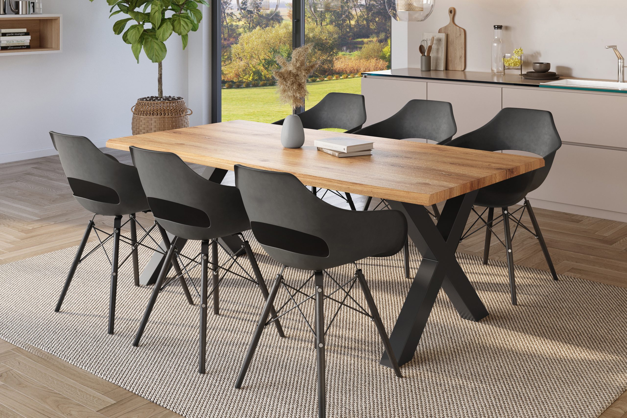 Esstisch 220x100 cm Baumkante Holz Wildeiche-Optik X-Gestell Metall schwarz JULIUS – Bild 4