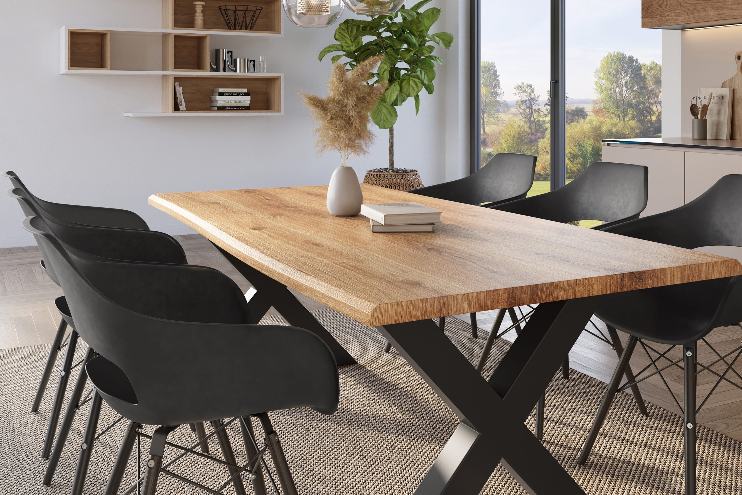 Esstisch 220x100 cm Baumkante Holz Wildeiche-Optik X-Gestell Metall schwarz JULIUS – Bild 5