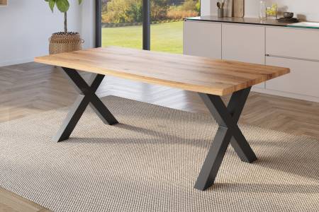 Esstisch 240x100 cm Baumkante Holz Wildeiche-Optik X-Gestell Metall schwarz JULIUS