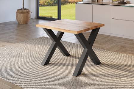 Esstisch 80x80 cm Baumkante Holz Wildeiche-Optik X-Gestell Metall schwarz JULIUS