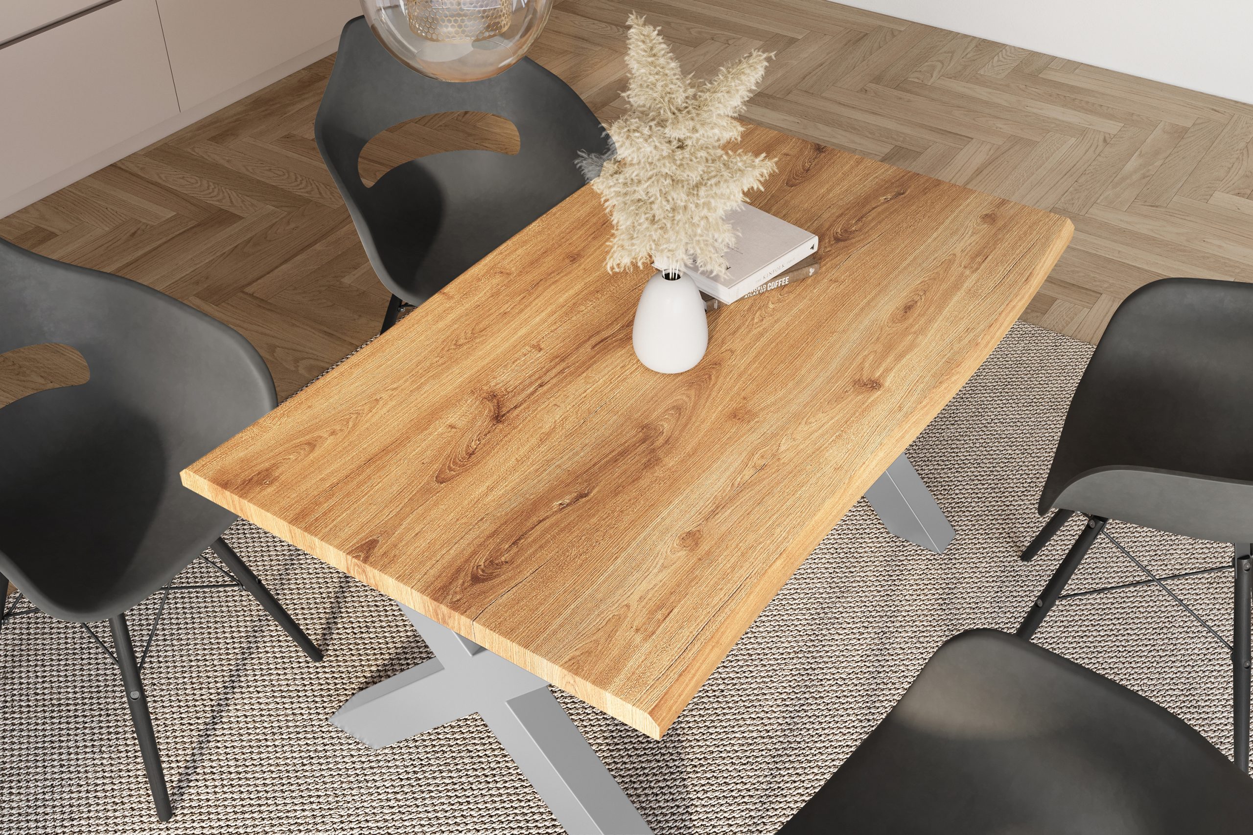 Esstisch 120x80 cm Baumkante Holz Wildeiche-Optik X-Gestell Metall silber JULIUS – Bild 6