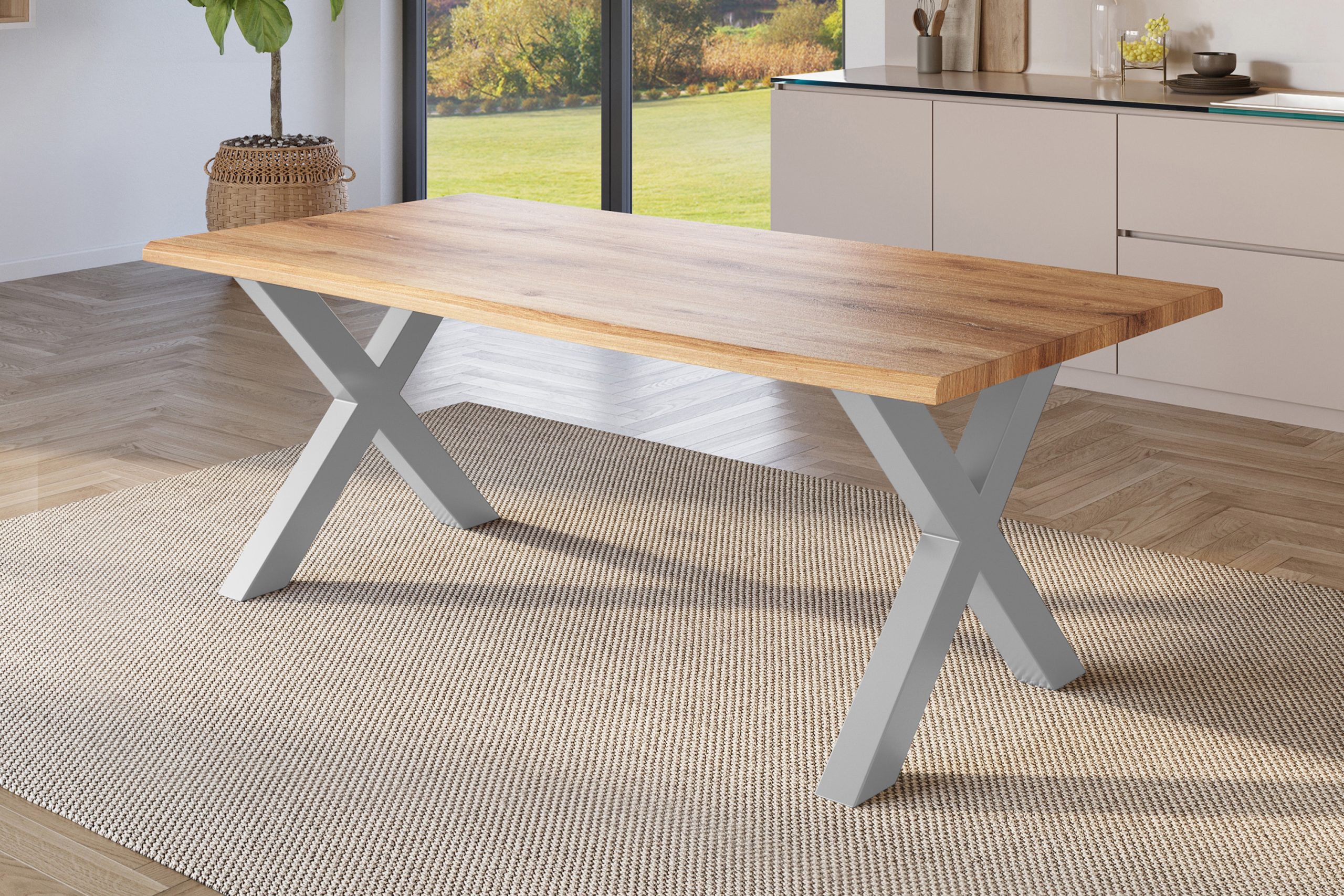 Esstisch 220x100 cm Baumkante Holz Wildeiche-Optik X-Gestell Metall silber JULIUS