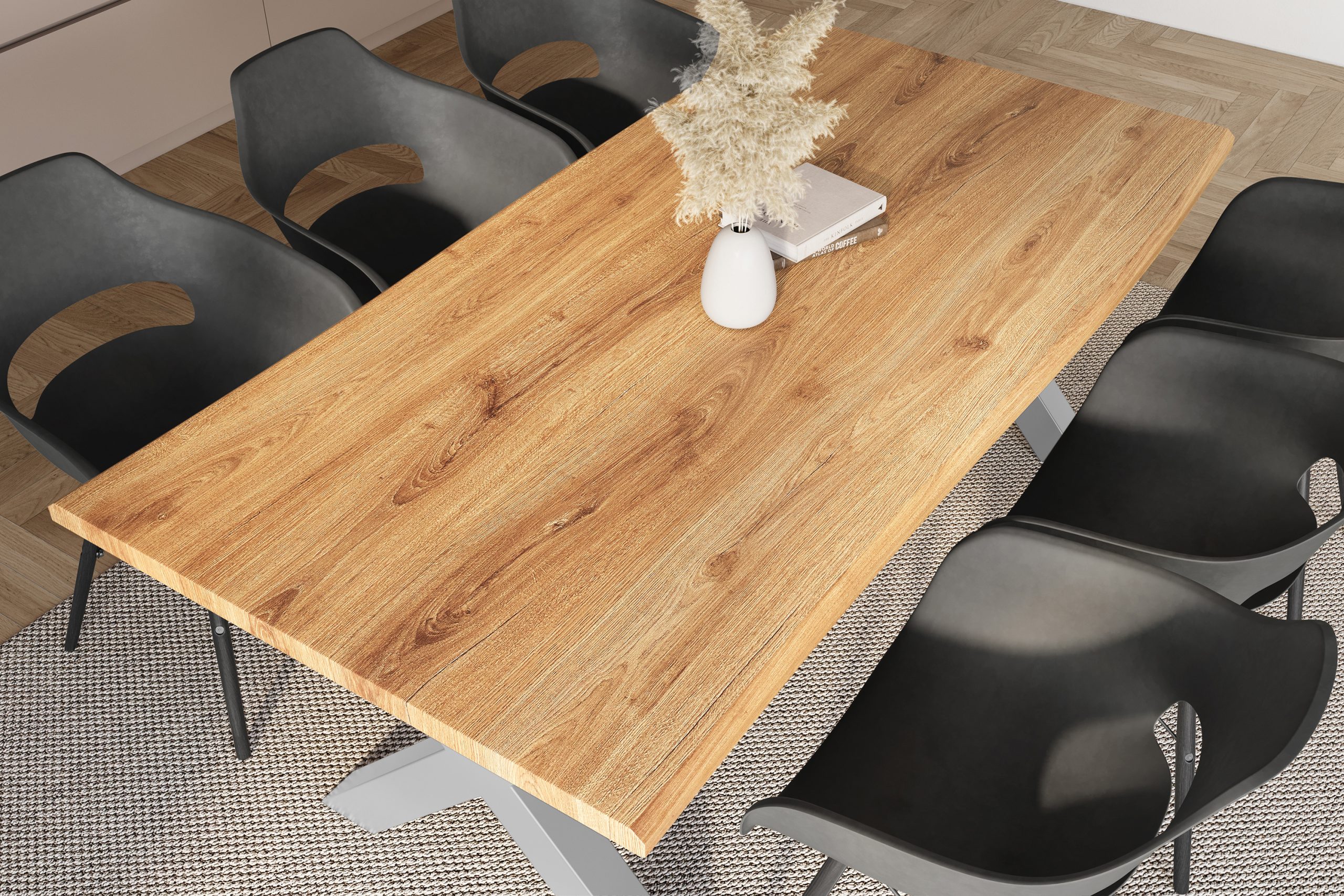 Esstisch 220x100 cm Baumkante Holz Wildeiche-Optik X-Gestell Metall silber JULIUS – Bild 6