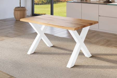 Esstisch 160x85 cm Baumkante Holz Wildeiche-Optik X-Gestell Metall weiß JULIUS