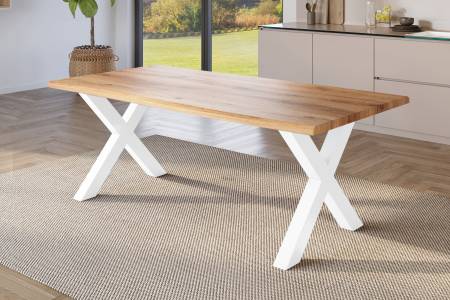 Esstisch 240x100 cm Baumkante Holz Wildeiche-Optik X-Gestell Metall weiß JULIUS