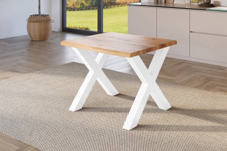 Esstisch 80x80 cm Baumkante Holz Wildeiche-Optik X-Gestell Metall weiß JULIUS