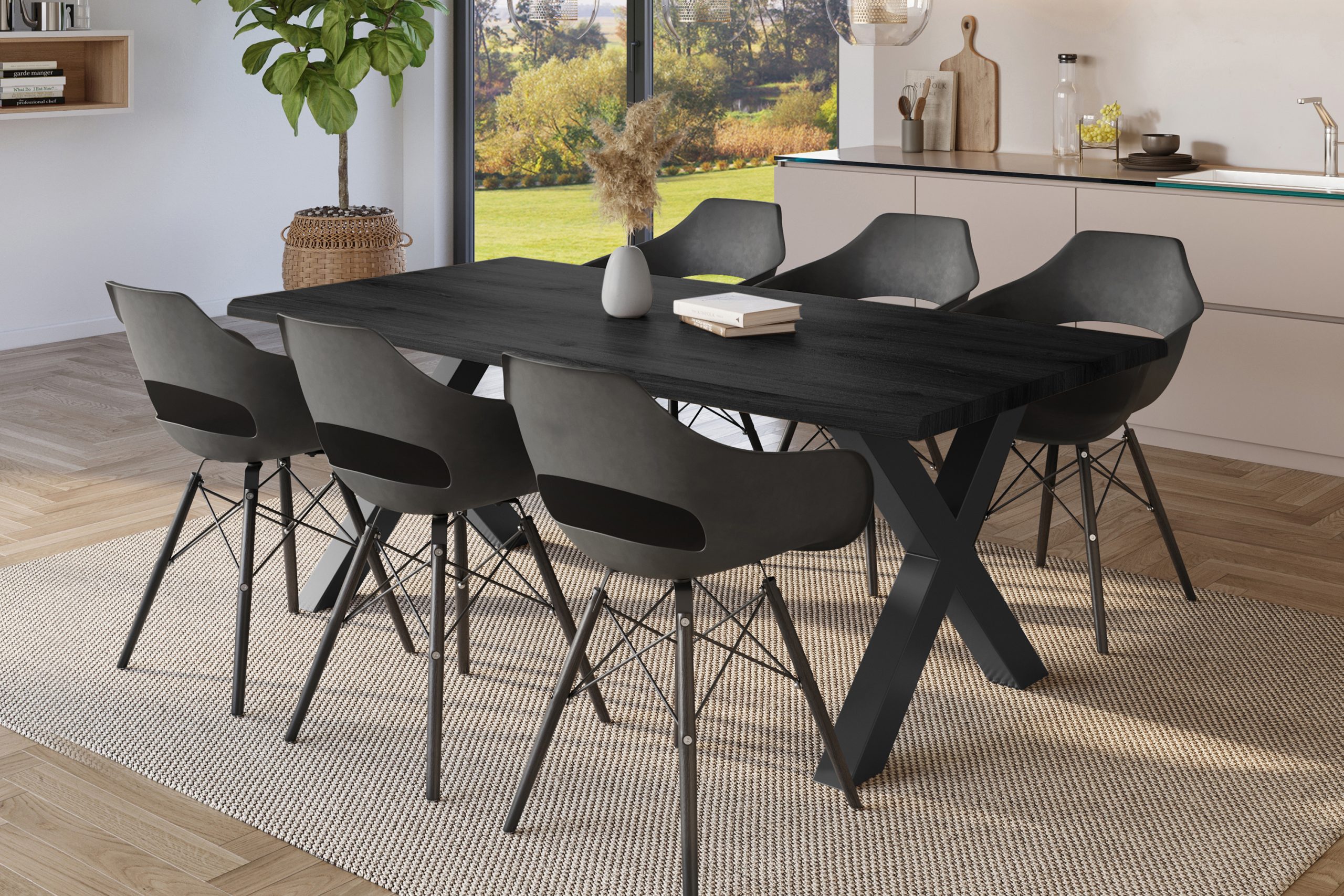 Esstisch 220x100 cm Baumkante Holz Grau-Optik X-Gestell Metall schwarz JULIUS – Bild 4