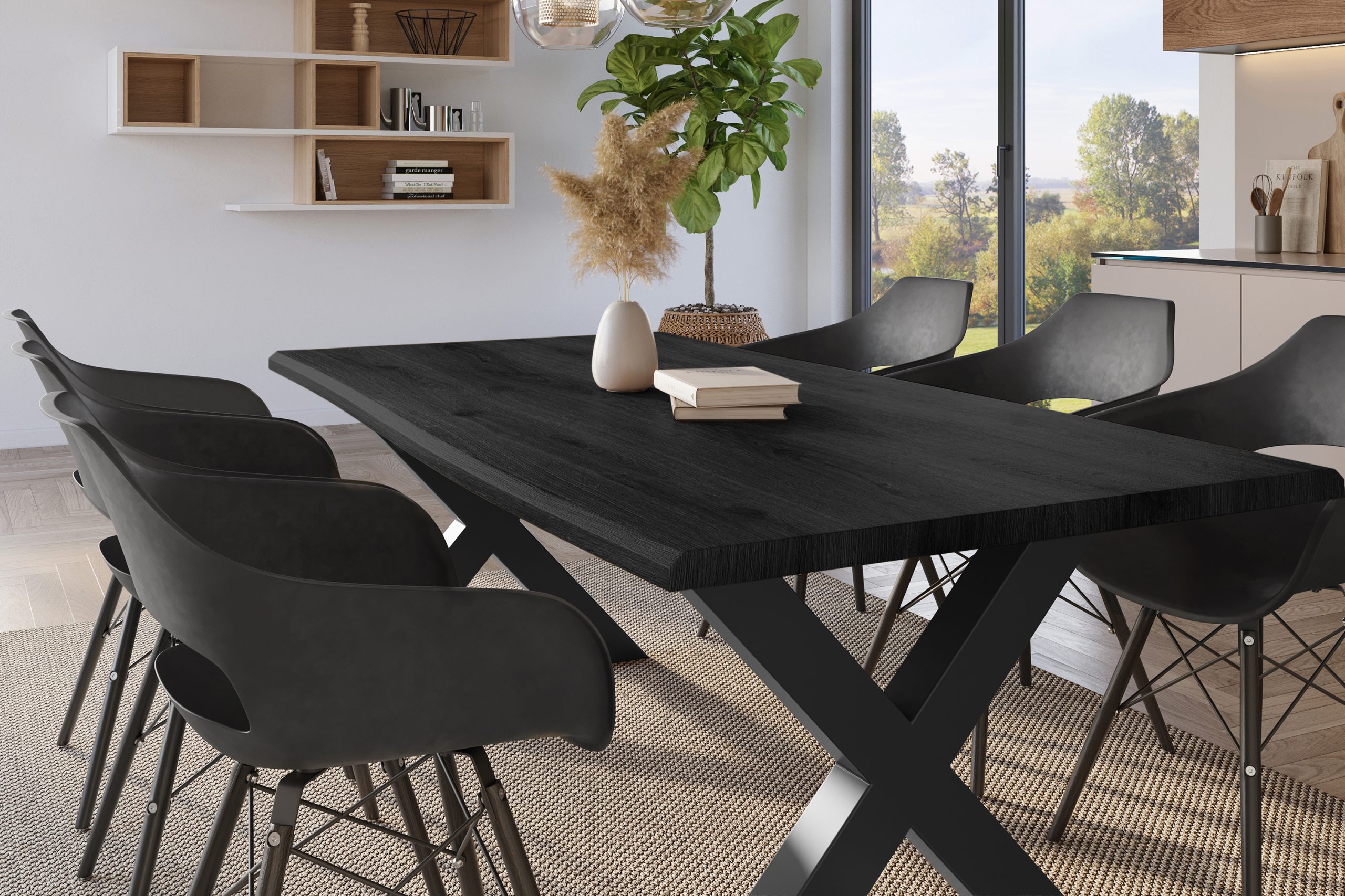 Esstisch 220x100 cm Baumkante Holz Grau-Optik X-Gestell Metall schwarz JULIUS – Bild 5