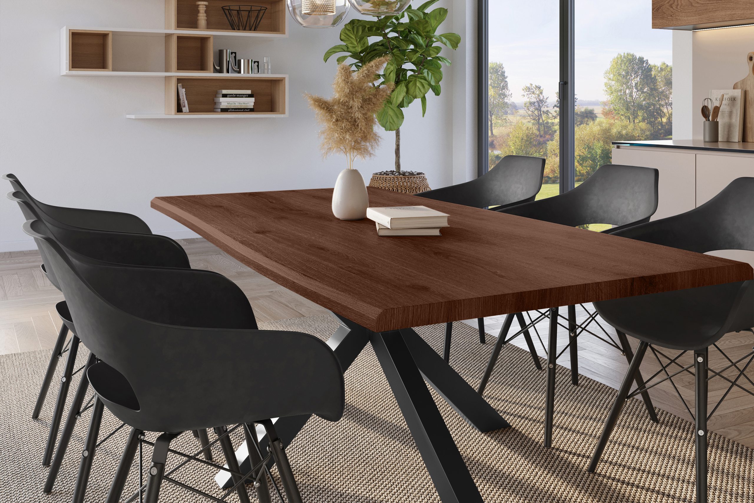 Esstisch 180x90 cm Baumkante Holz Nussbaum-Optik Spider-Gestell Metall schwarz JULIUS – Bild 4