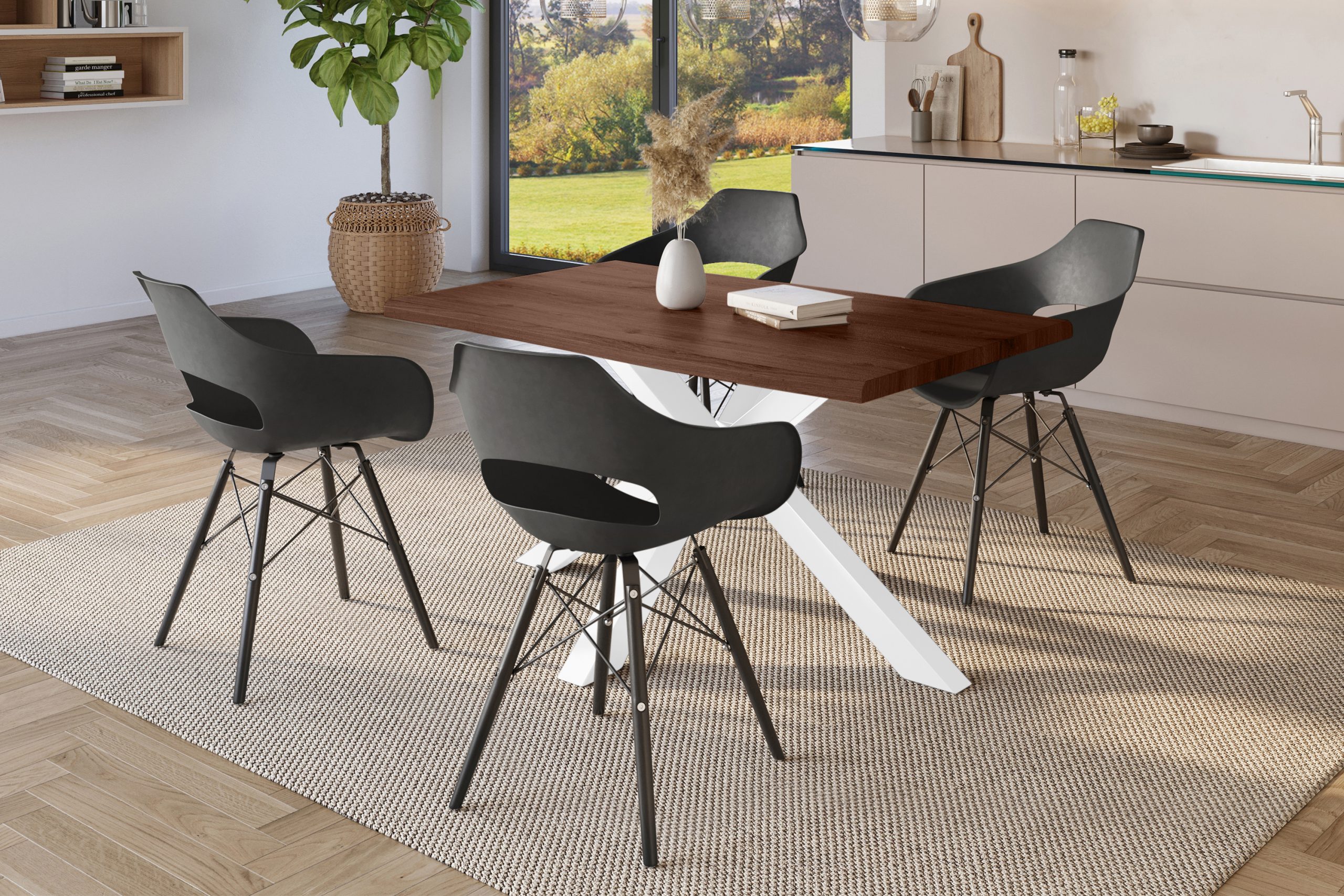 Esstisch 120x80 cm Baumkante Holz Nussbaum-Optik Spider-Gestell Metall weiß JULIUS – Bild 5