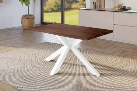 Esstisch 160x85 cm Baumkante Holz Nussbaum-Optik Spider-Gestell Metall weiß JULIUS