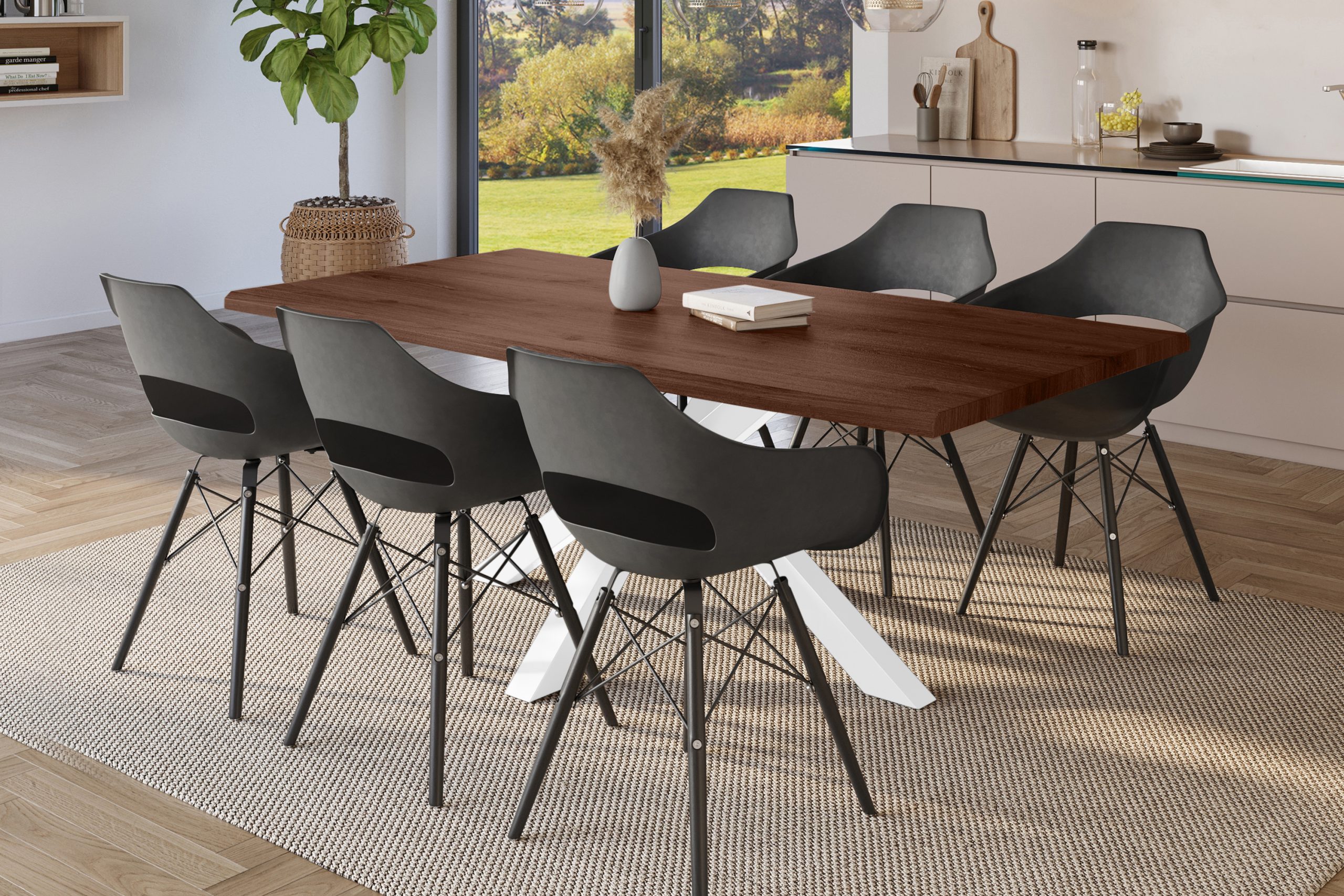 Esstisch 180x90 cm Baumkante Holz Nussbaum-Optik Spider-Gestell Metall weiß JULIUS – Bild 5