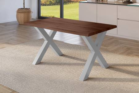 Esstisch 120x80 cm Baumkante Holz Nussbaum-Optik X-Gestell Metall silber JULIUS