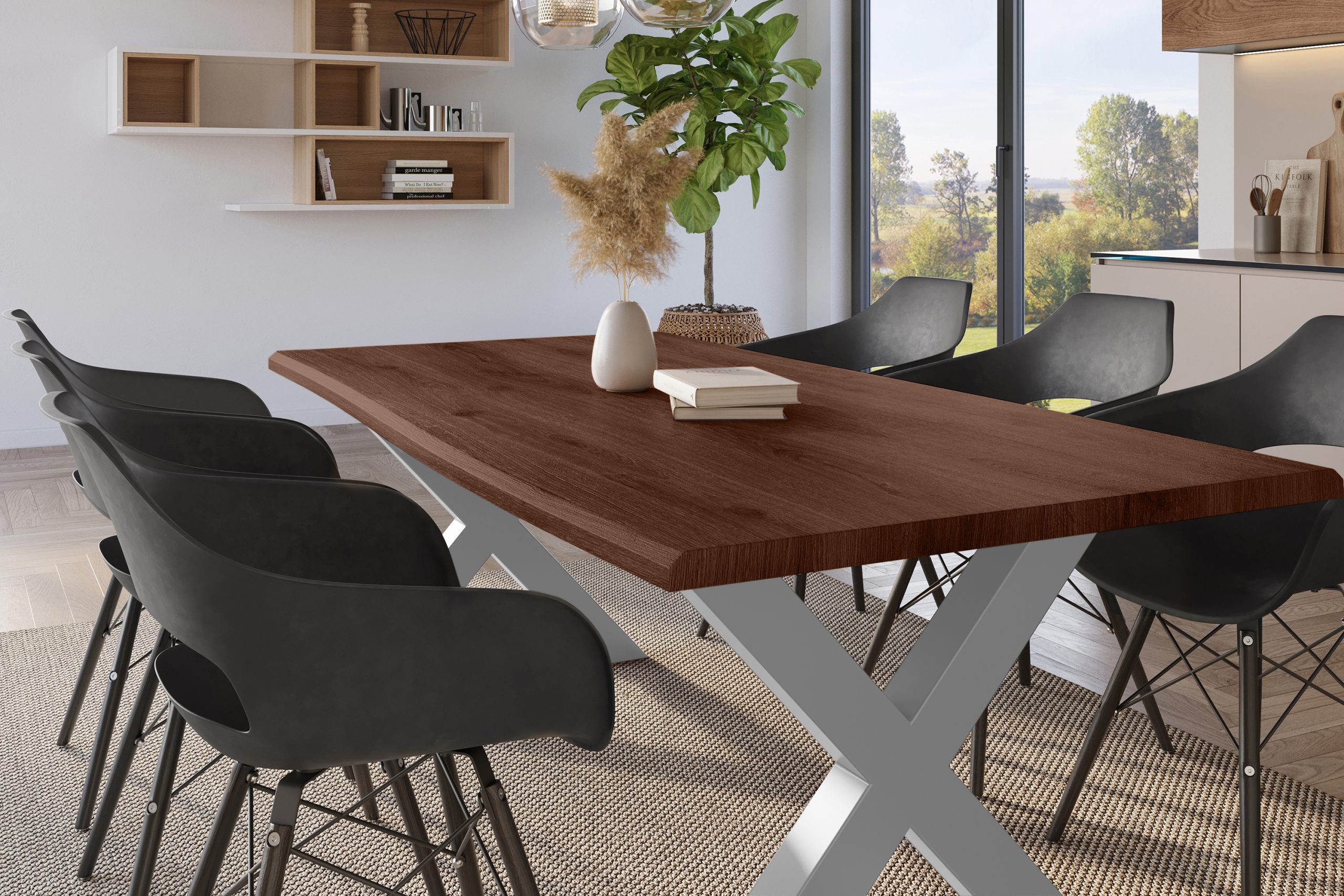 Esstisch 220x100 cm Baumkante Holz Nussbaum-Optik X-Gestell Metall silber JULIUS – Bild 5