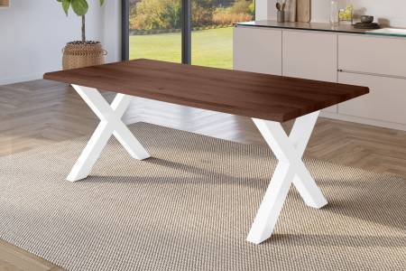 Esstisch 180x90 cm Baumkante Holz Nussbaum-Optik X-Gestell Metall weiß JULIUS