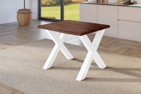 Esstisch 80x80 cm Baumkante Holz Nussbaum-Optik X-Gestell Metall weiß JULIUS