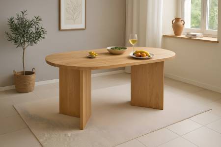 Esstisch oval mit gerader Kante 160x90 cm Akazienholz massiv Natur V-Gestell aus Holz LAURIE