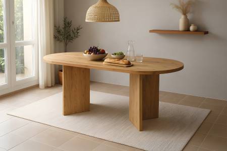 Esstisch oval mit gerader Kante 204x90 cm Akazienholz massiv Natur V-Gestell aus Holz LAURIE