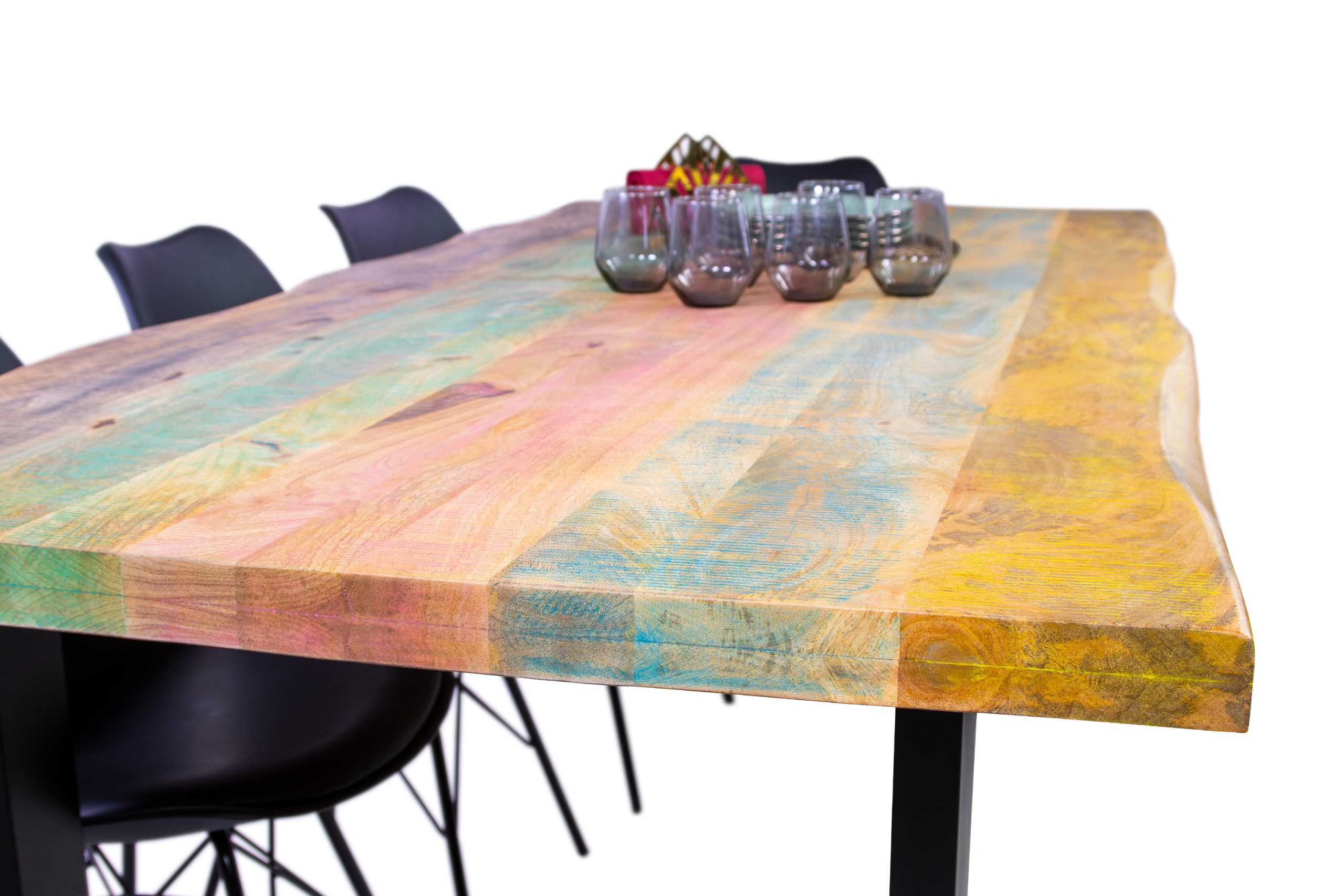 Esszimmertisch Baumkante 160 x 85 cm Mangoholz Bunt massiv U-Gestell schwarz Esstisch LIBRO – Bild 6