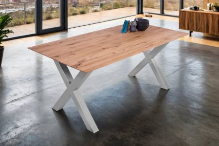 Esszimmertisch Schweizer Kante / gerade Ecken massiv & geölt Eiche 160x85 silber X-Gestell Lotte