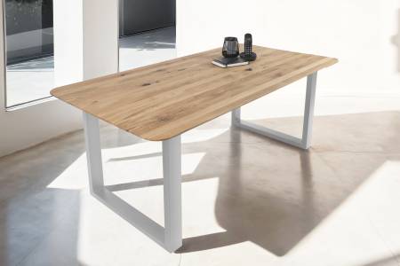 Esszimmertisch Schweizer Kante / runde Ecken massiv & geölt Eiche 160x85 silber U-Gestell Lotte